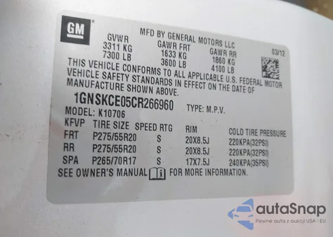 2012 Chevrolet Tahoe Ltz from USA, damaged, VIN 1GNSKCE05CR266960